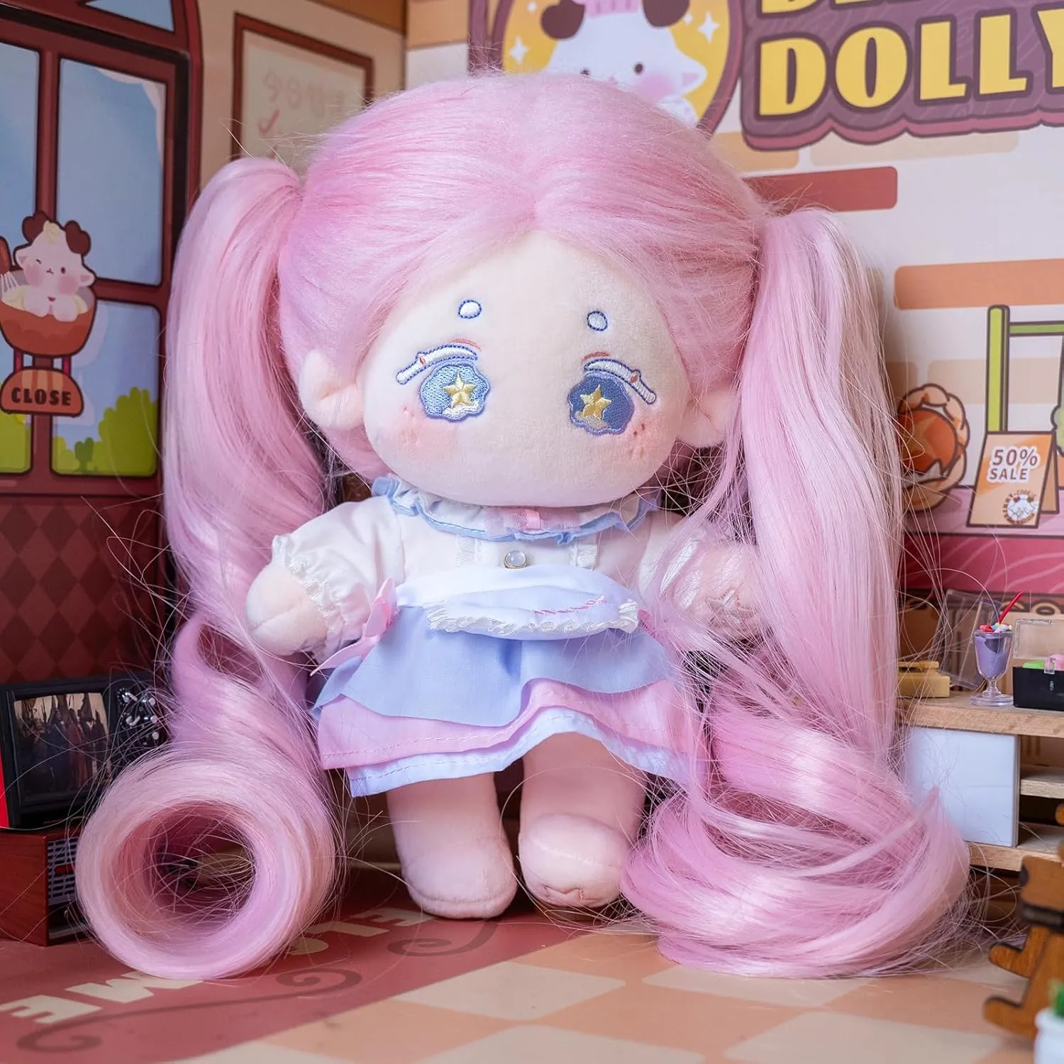 - Pink) CALEMBOU Plush Doll, 20cm Cute Cotton Anime Plushie Gift - Stuffed Dress Up bold Doll with Skeleton (Kawaii - Doll&Clothes 