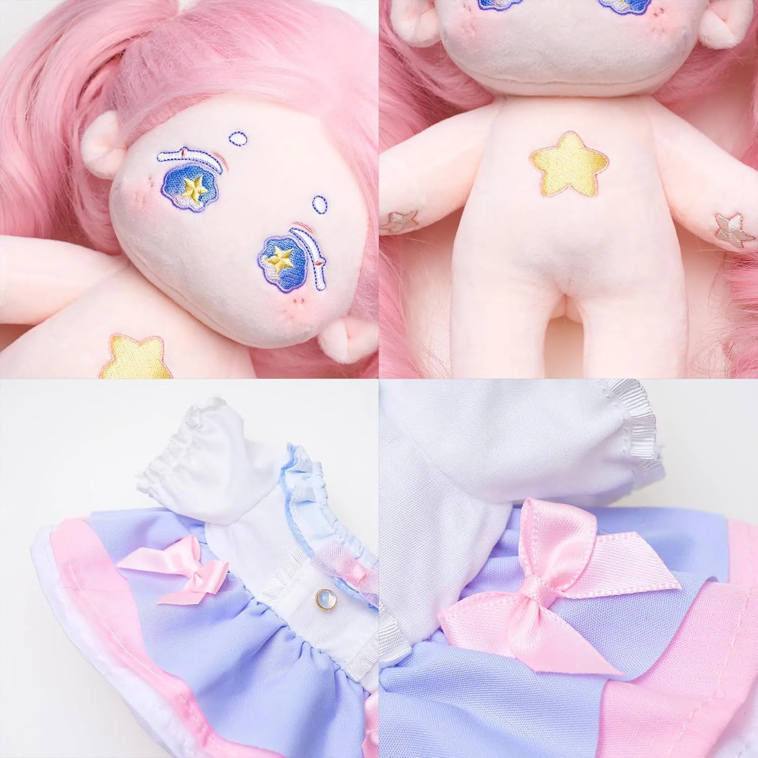 - Pink) CALEMBOU Plush Doll, 20cm Cute Cotton Anime Plushie Gift - Stuffed Dress Up bold Doll with Skeleton (Kawaii - Doll&Clothes 