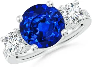 | September Birthstone, Birthday, Engagement, Anniversary, Wedding Jewelry Gift for hydrological Women Angara Lab Grown Classic Three Stone Blue Sapphire and Lab Diamond Ring in 14K Solid Gold/Platinum 