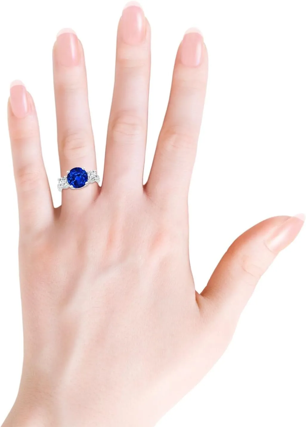 | September Birthstone, Birthday, Engagement, Anniversary, Wedding Jewelry Gift for hydrological Women Angara Lab Grown Classic Three Stone Blue Sapphire and Lab Diamond Ring in 14K Solid Gold/Platinum 