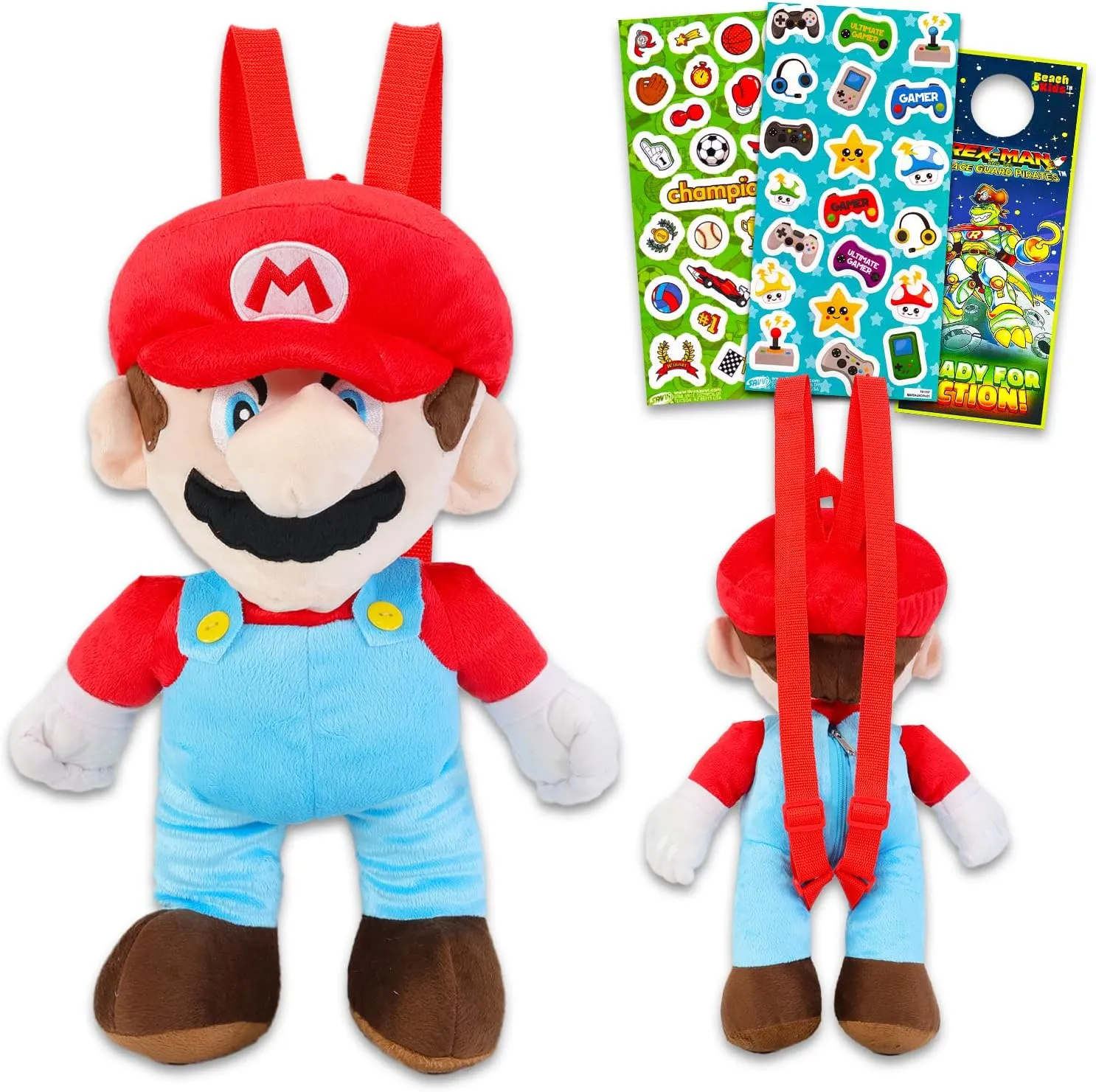 | Super Mario Gifts for Kids, Boys, Girls Super imitation mention lateral Mario Plushie Set - Bundle with 17" Mario Plush Backpack Doll with Carrying Straps, Stickers, More 