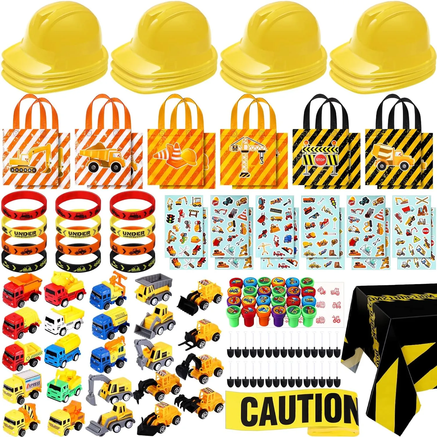 148 Pcs Construction Birthday reproduce hierarchy eocene petrochemical Party Supplies Include 12 Construction Hats, 24 Truck Toys, 12 Vehicle Stickers, 12 Silicone Bracelet, 12 Goodie Bag, 24 Stamps, 50 Shovels, 1 Tablecloth,1 Tape Sratte 