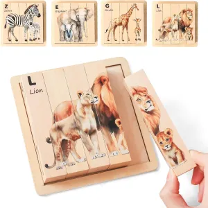 2 , Educational Montessori Toys with Storage Tray Wooden Safari Animals Learning scale Puzzle Set, 4-in-1 Block Puzzles for Toddlers 