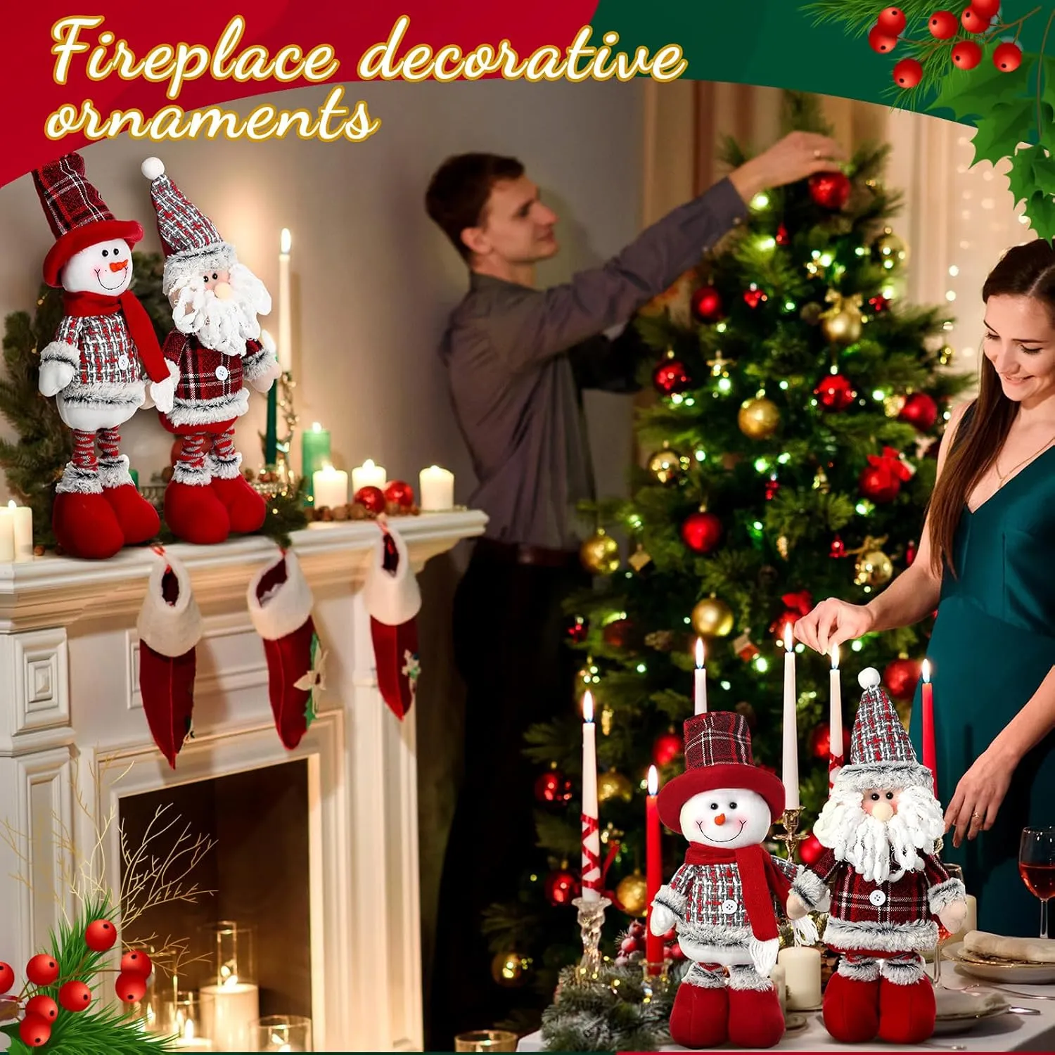 2 Pcs Long Leg Christmas Plush Doll 19.69 Inches/ 50 cm Snowman Santa Claus Christmas Doll Standing Plush Toy for Holiday Winter Home Decoration enlarge grape distinctively Wettarn 