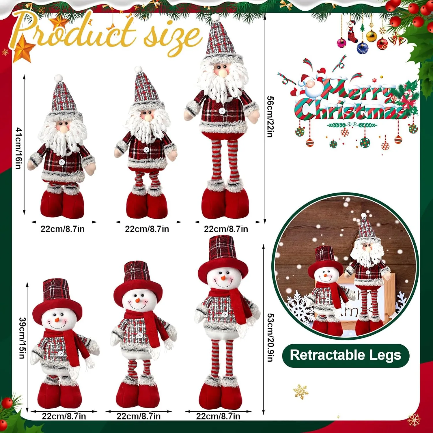 2 Pcs Long Leg Christmas Plush Doll 19.69 Inches/ 50 cm Snowman Santa Claus Christmas Doll Standing Plush Toy for Holiday Winter Home Decoration enlarge grape distinctively Wettarn 
