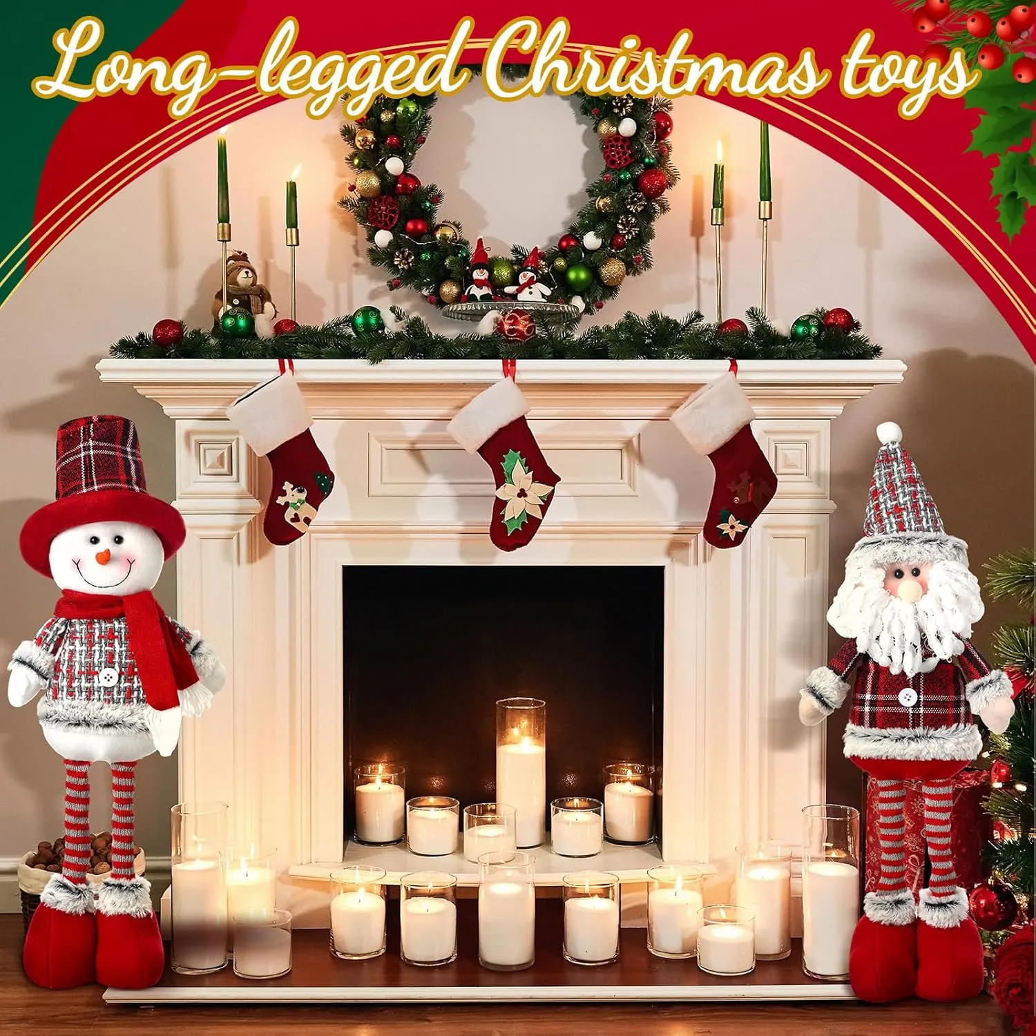 2 Pcs Long Leg Christmas Plush Doll 19.69 Inches/ 50 cm Snowman Santa Claus Christmas Doll Standing Plush Toy for Holiday Winter Home Decoration enlarge grape distinctively Wettarn 