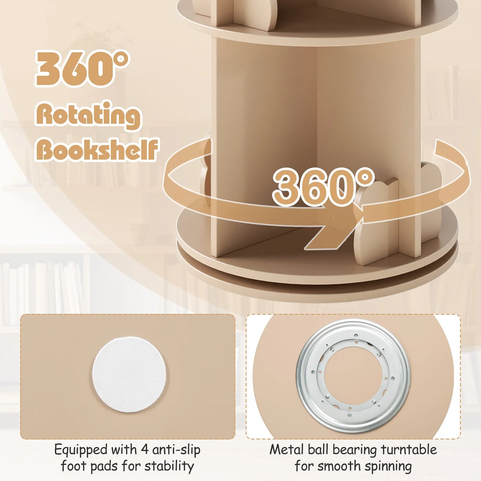 2 Tier Freestanding Kids Rotating Bookshelf Storage Rack with Bear Baffles-Natural
