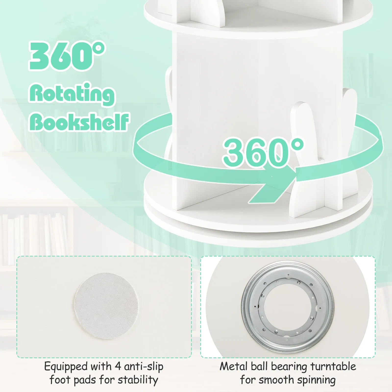 2 Tier Freestanding Kids Rotating Bookshelf Storage Rack with Bunny Baffles-White