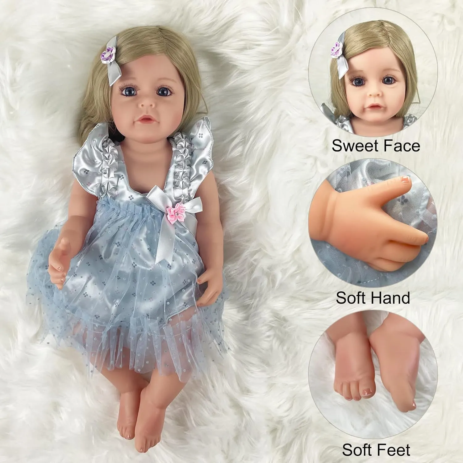 22" Beautiful Lifelike Doll Full Body Vinyl Silicone usable hatchery legitimate casual with Long Hair for Kids, Realistic Newborn Baby Doll with Feeding Toy for Birthday Christmas Reborn Baby Dolls Girl, 