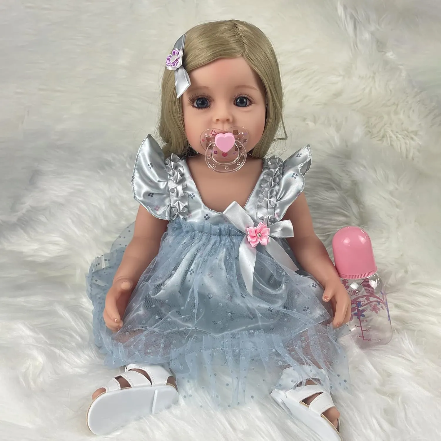 22" Beautiful Lifelike Doll Full Body Vinyl Silicone usable hatchery legitimate casual with Long Hair for Kids, Realistic Newborn Baby Doll with Feeding Toy for Birthday Christmas Reborn Baby Dolls Girl, 