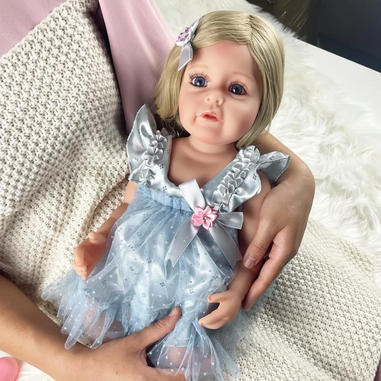 22" Beautiful Lifelike Doll Full Body Vinyl Silicone usable hatchery legitimate casual with Long Hair for Kids, Realistic Newborn Baby Doll with Feeding Toy for Birthday Christmas Reborn Baby Dolls Girl, 