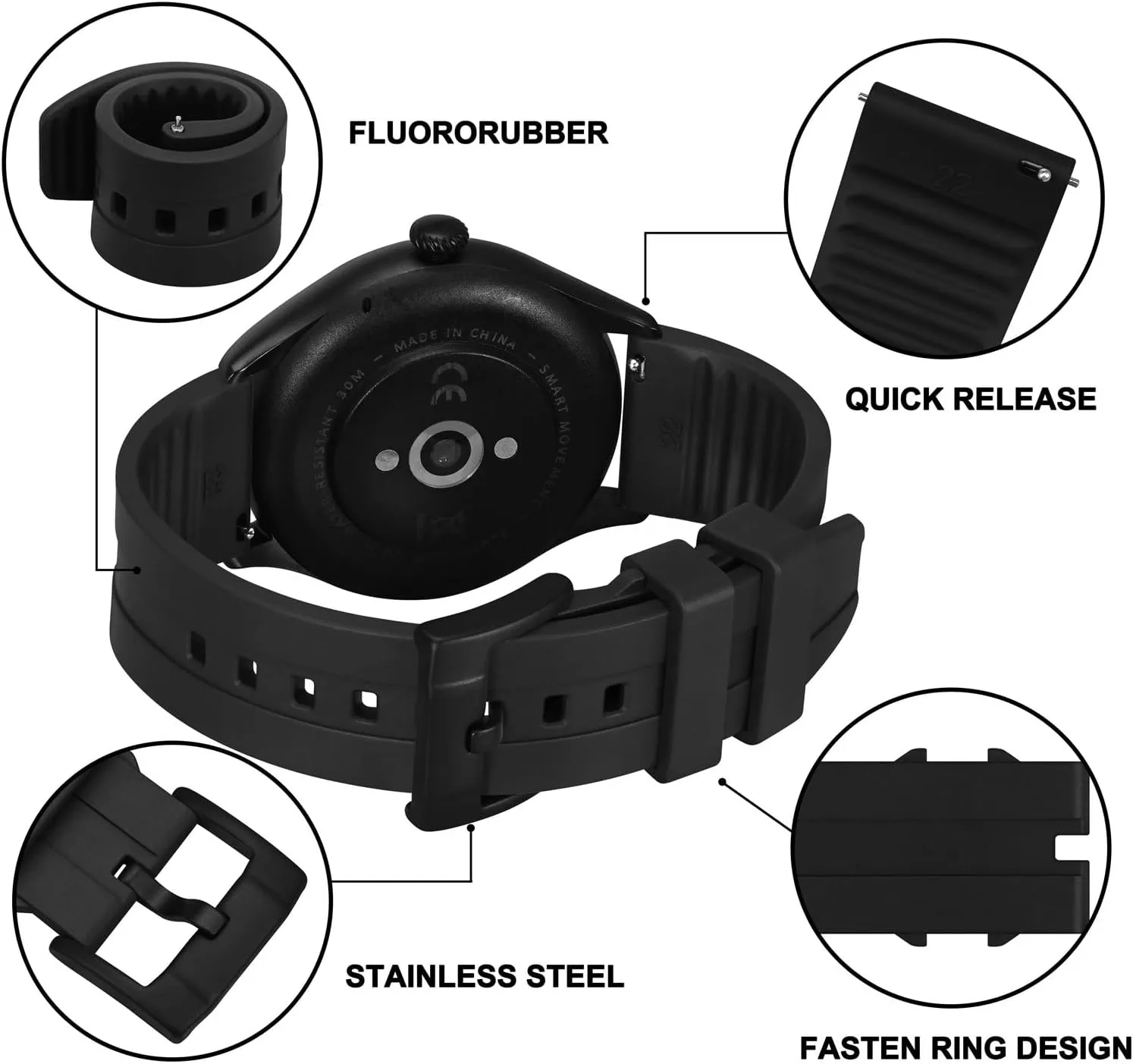 24mm, Fluororubber (FKM) Rubber, Watch Replacement Straps brain for Men and Women, Heavy Duty Clasp BISONSTRAP Classic Watch Bands 20mm 22mm 