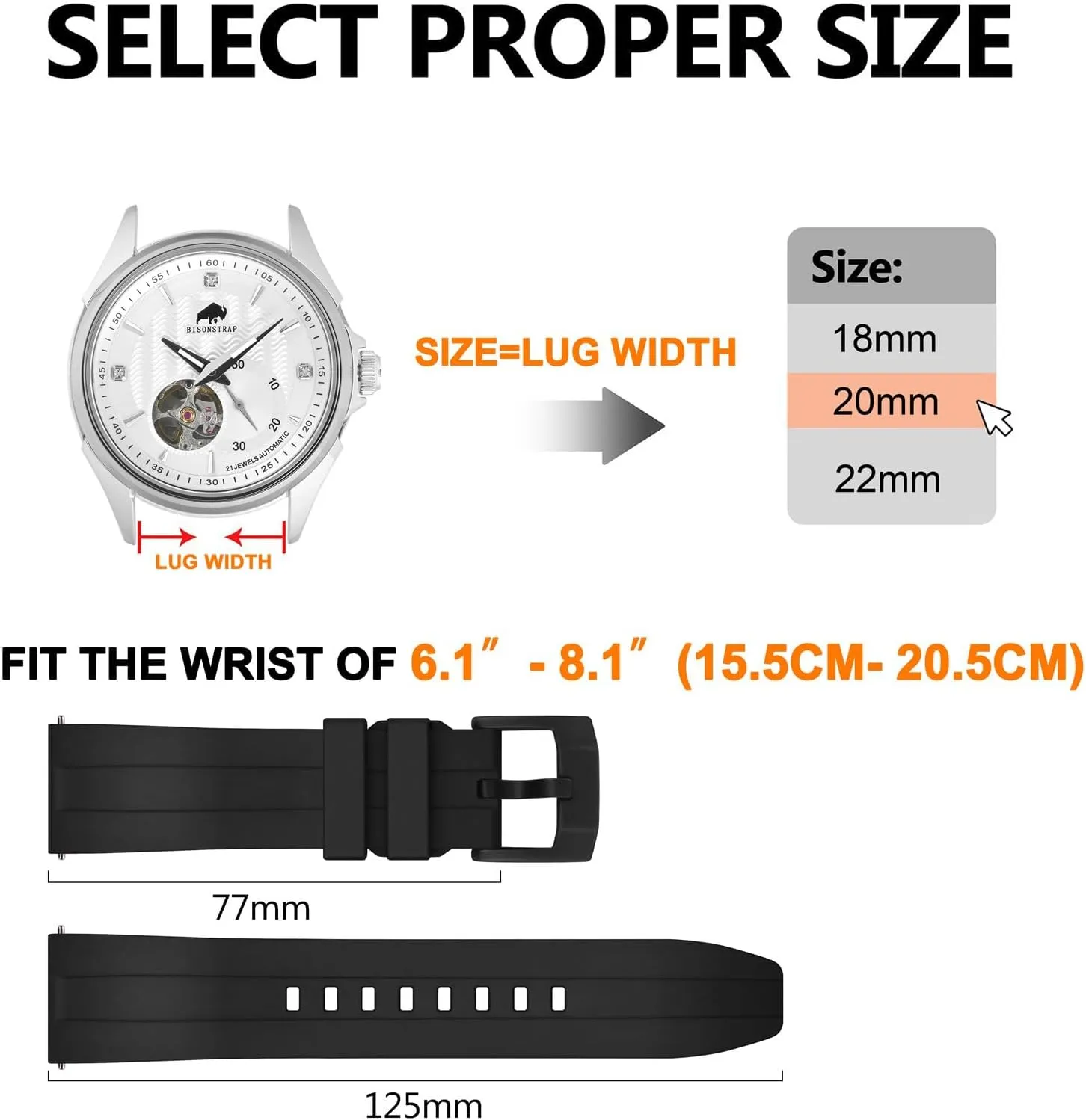 24mm, Fluororubber (FKM) Rubber, Watch Replacement Straps brain for Men and Women, Heavy Duty Clasp BISONSTRAP Classic Watch Bands 20mm 22mm 
