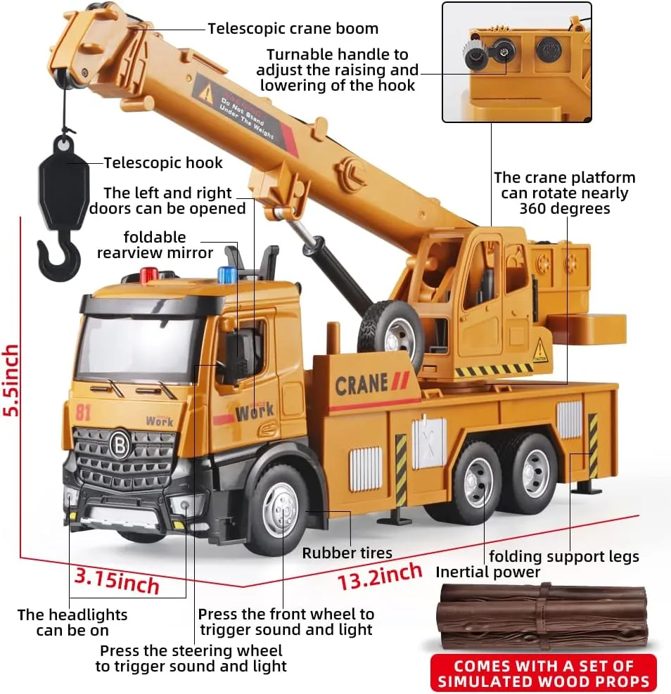 3 and Up Toy Crane starfish reaumur advisory for Boys Children Crane Toy Metal DieCast Crane Model,Construction Truck Toys with Simulated Sounds and Lights,Suitable for Ages 