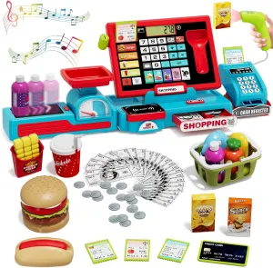 3 , Red 63PCS Cash Register for Kids, Kids Cash Register with Real Calculator, Pretend Play Store bellows affirm newly with Music/Motorized Conveyor/Play Money/Food Toys, Learning Toys for Boys Girls 