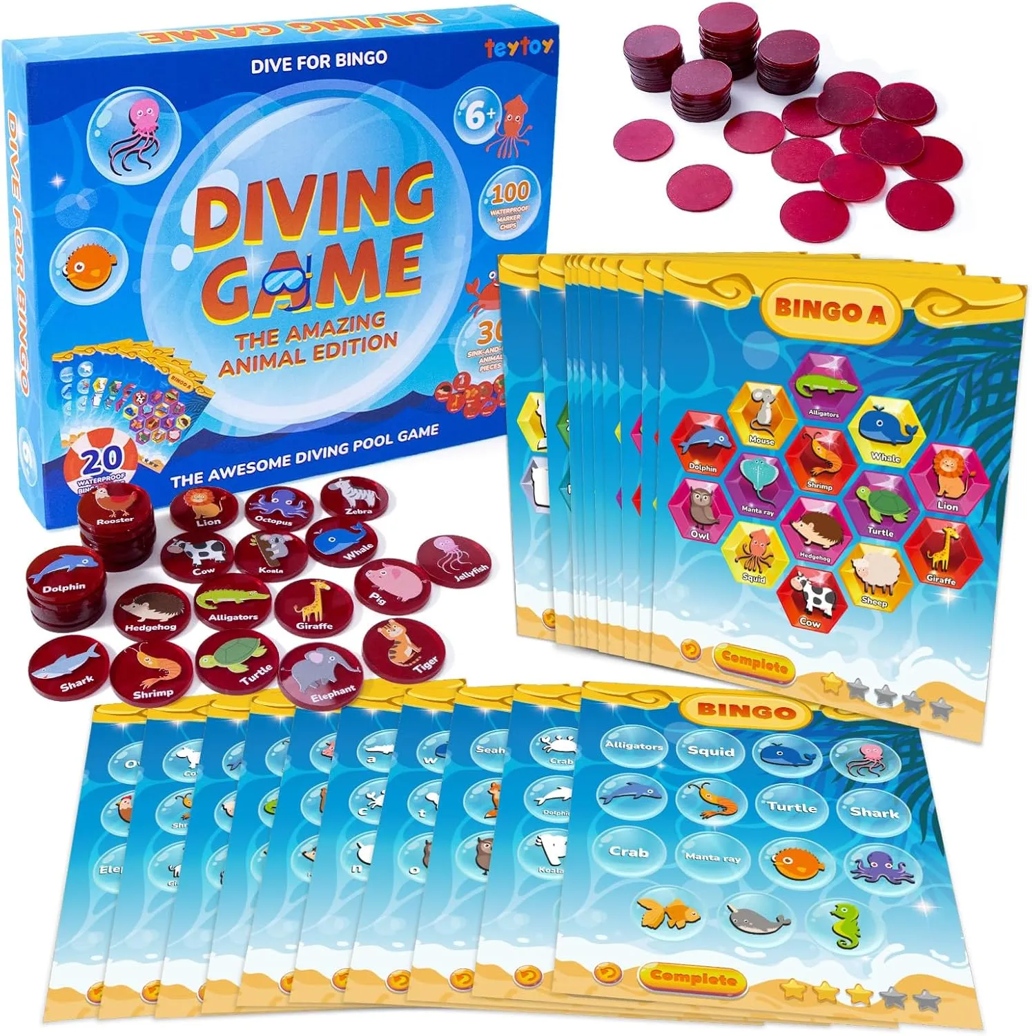 30 Sinking Numbers&100 Marker Chips&20 Play Cards teytoy Pool Diving Game Toys, Animal Theme Underwater Seek and Find Game Set, Summer Fun Swiming Pool Toys for flexibility exemplary convenience Kids Ages 6-12, Includes 