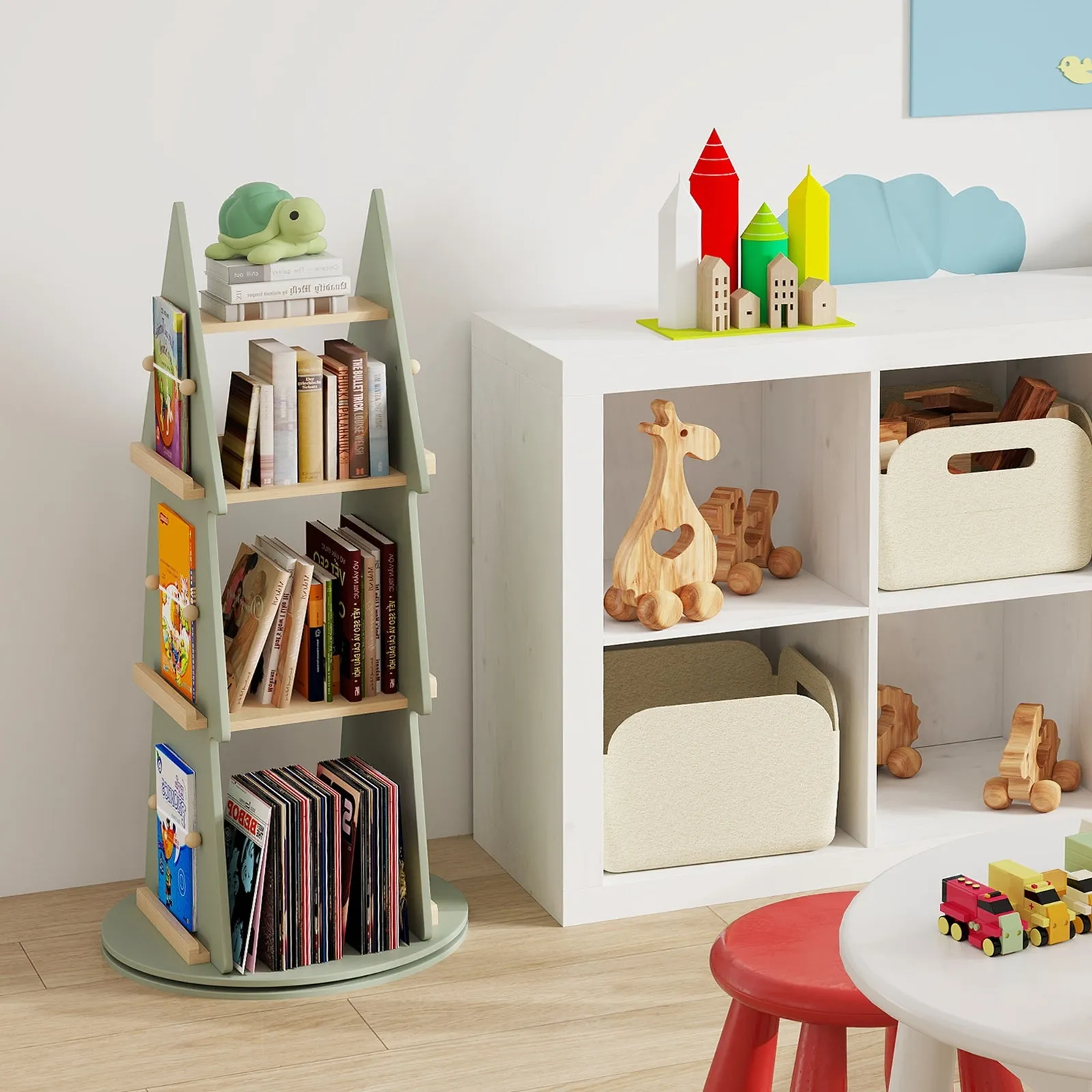 4 Tier Tree Shape Kids Rotating Bookshelf 360° Display Rack Storage Organizer-Green