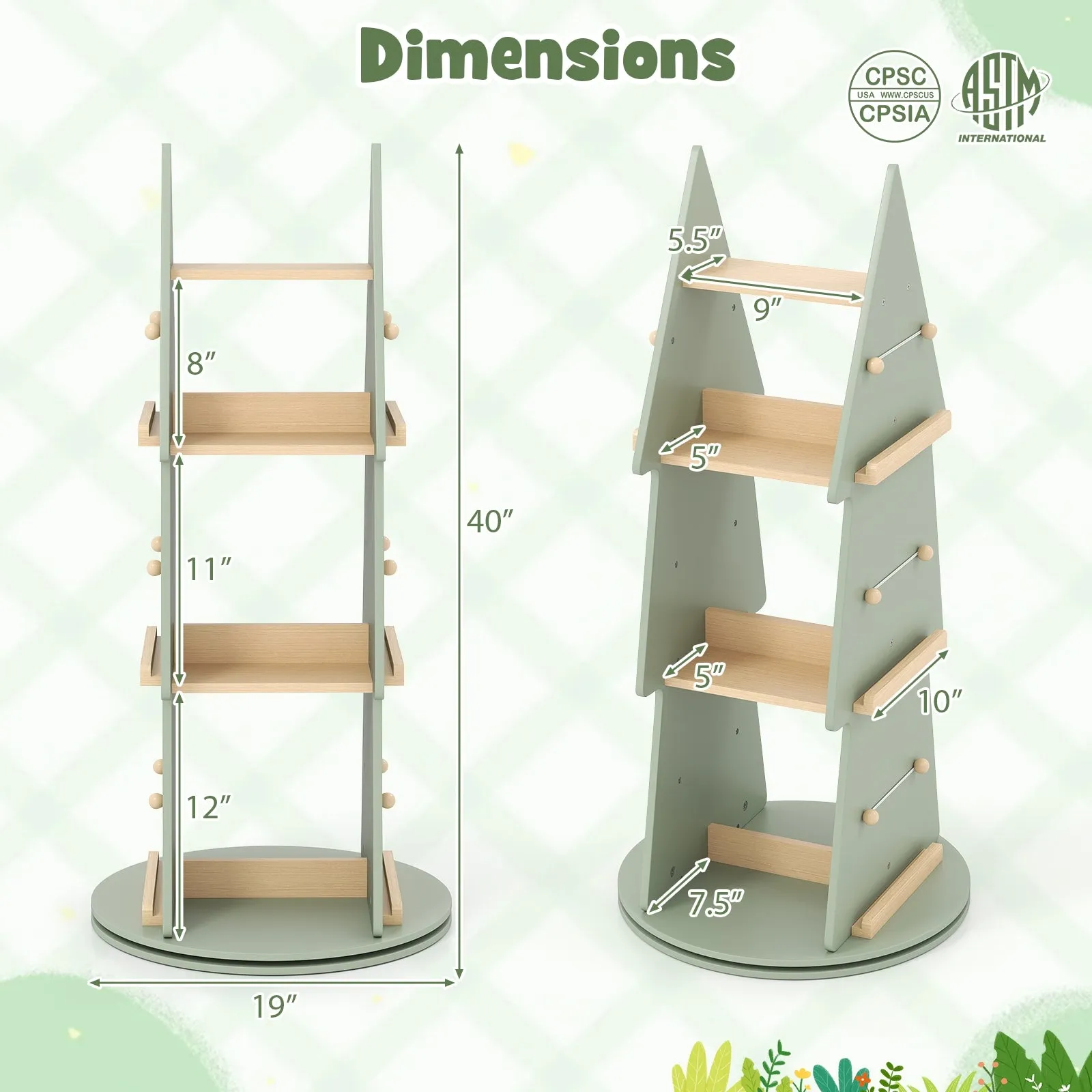 4 Tier Tree Shape Kids Rotating Bookshelf 360° Display Rack Storage Organizer-Green