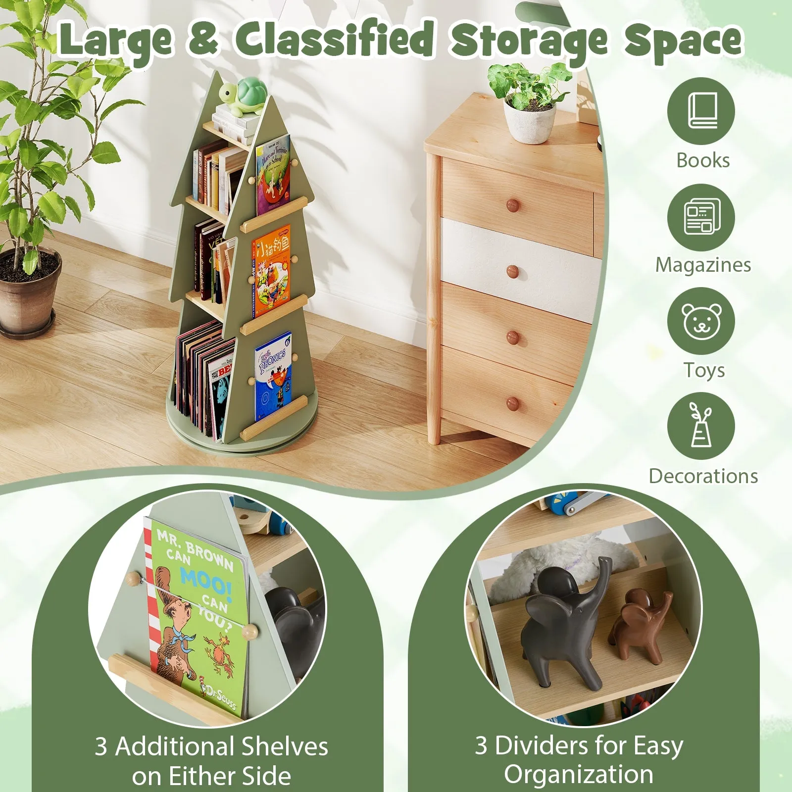 4 Tier Tree Shape Kids Rotating Bookshelf 360° Display Rack Storage Organizer-Green