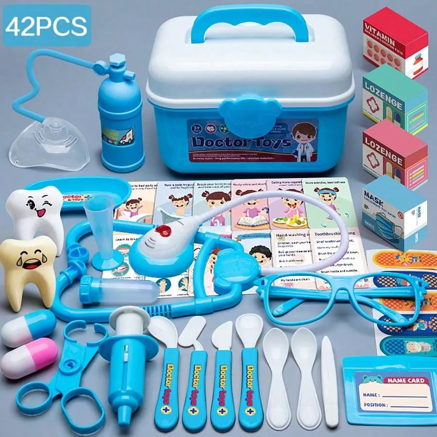 42pcs Blue Doctor Simulation Medical Kit Set, Pretend Play Toys For Children, Educational Cognitive Gift