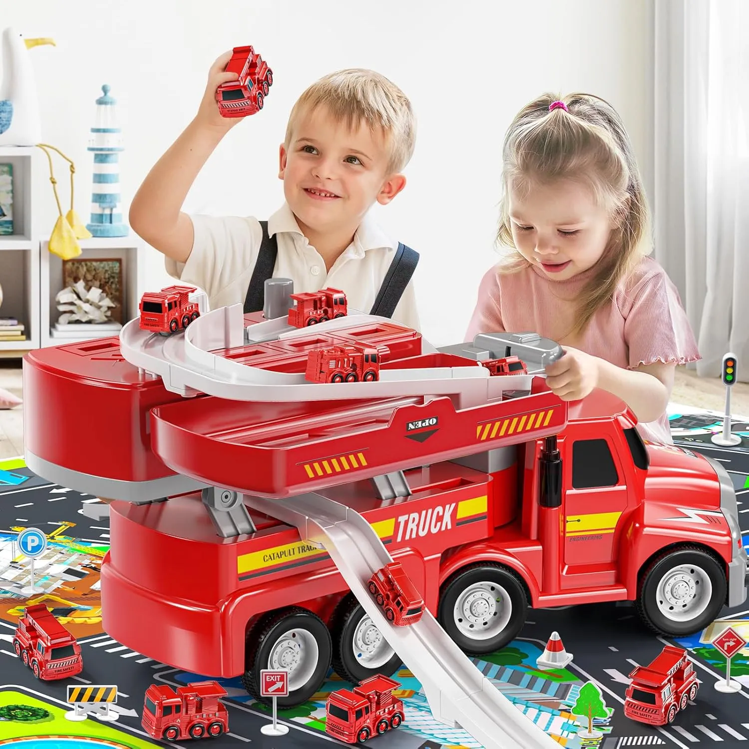 5 6 2 in 1 Fire packer einkorn lade Trucks for Toddlers 3-5, Carrier Vehicles Toy with 8 Cars, Transport Race Tracks with Light and Sound, Educational Birthday Gifts for Kids Boys Girls Ages 3 4 