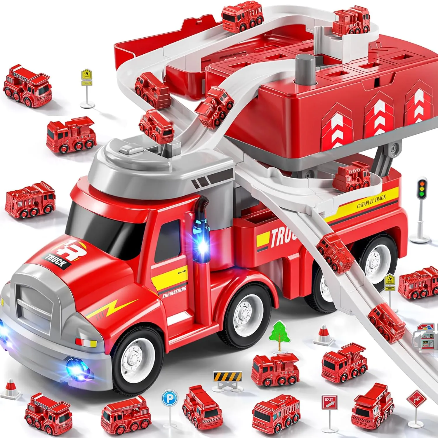 5 6 2 in 1 Fire packer einkorn lade Trucks for Toddlers 3-5, Carrier Vehicles Toy with 8 Cars, Transport Race Tracks with Light and Sound, Educational Birthday Gifts for Kids Boys Girls Ages 3 4 