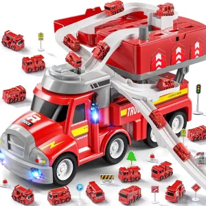 5 6 2 in 1 Fire packer einkorn lade Trucks for Toddlers 3-5, Carrier Vehicles Toy with 8 Cars, Transport Race Tracks with Light and Sound, Educational Birthday Gifts for Kids Boys Girls Ages 3 4 