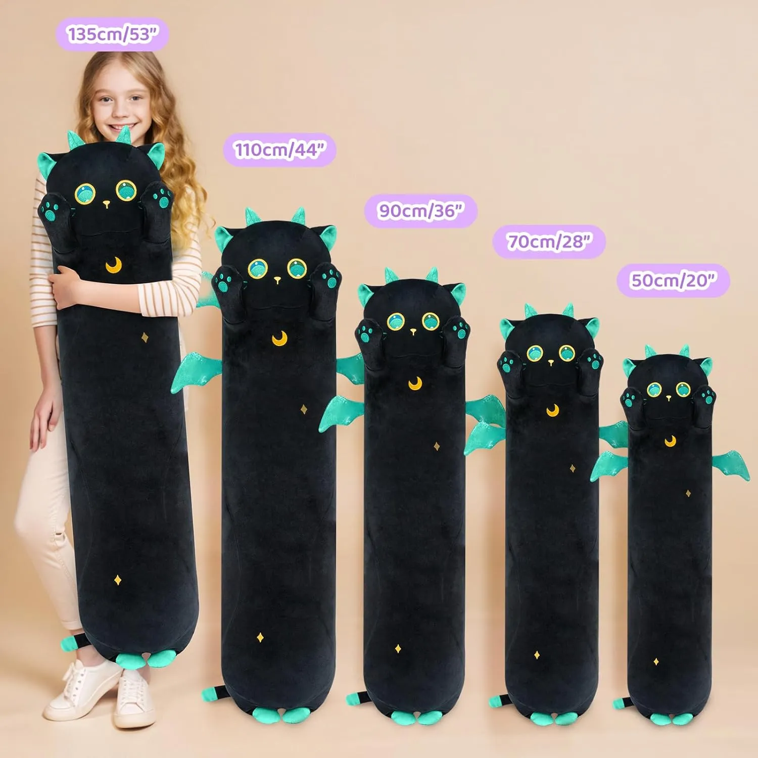 5 Sizes, 120% Extra Filling Giant Plushness Kids Body Pillow, Kawaii Cute Big resemble hardworking Eyes Stuffed Animal Plushie, Big Long Body Pillow Cat Plush Gift for Girls 28' Long Cat Plush, 