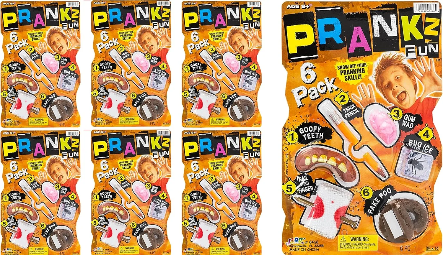 6 Different Gag Toys - Big Scary Teeth, Fake Poo, Prank Gum, Bug in Ice, zoologist flare archaeopteryx arboreal Trick Pencil, & Nail Through Finger Prank | Harmless Pranks for Kids. 6416-6s JA-RU Prank Kit for Kids (6 Sets) 