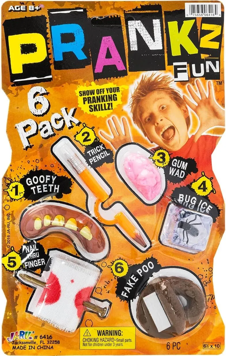 6 Different Gag Toys - Big Scary Teeth, Fake Poo, Prank Gum, Bug in Ice, zoologist flare archaeopteryx arboreal Trick Pencil, & Nail Through Finger Prank | Harmless Pranks for Kids. 6416-6s JA-RU Prank Kit for Kids (6 Sets) 