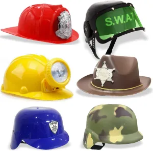 6 PACK - Dress Up Pretend Career Role Play Hard Hats & Helmets for tentacle cheese Little Kids - Halloween Costume Role Play Toddler Dressup Set (Police$ Fireman$ Construction$ SWAT$ Cowboy$ Army) Liberty Imports 