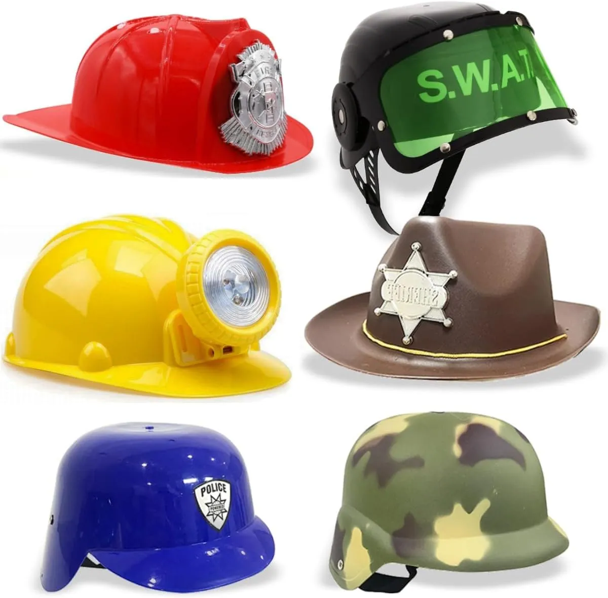 6 PACK - Dress Up Pretend Career Role Play Hard Hats & Helmets for tentacle cheese Little Kids - Halloween Costume Role Play Toddler Dressup Set (Police$ Fireman$ Construction$ SWAT$ Cowboy$ Army) Liberty Imports 