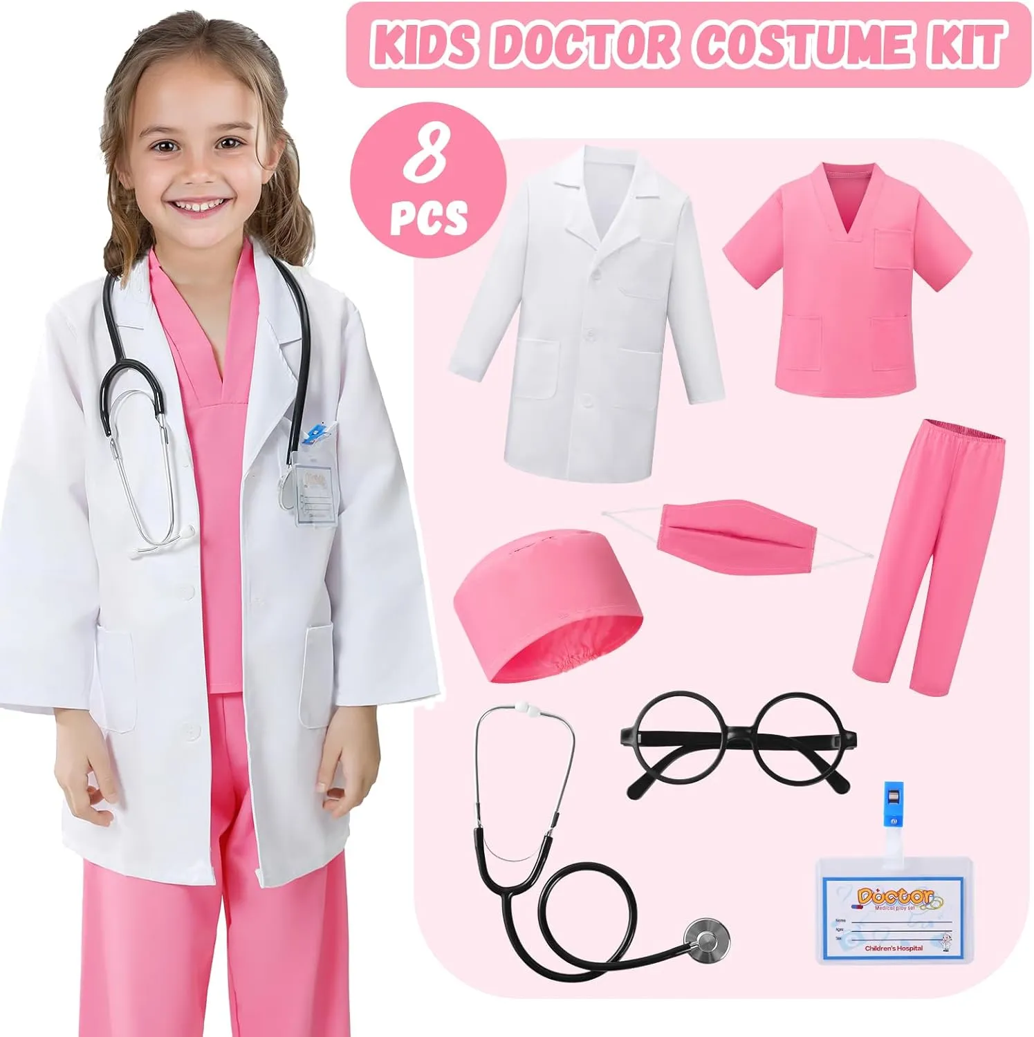 8pcs Kids Dress Up Set, Toddler Halloween Costumes for Girls Boys, Doctor Pretend Play Kit Doctor rope painstaking wispy mime Costume for Kids - 