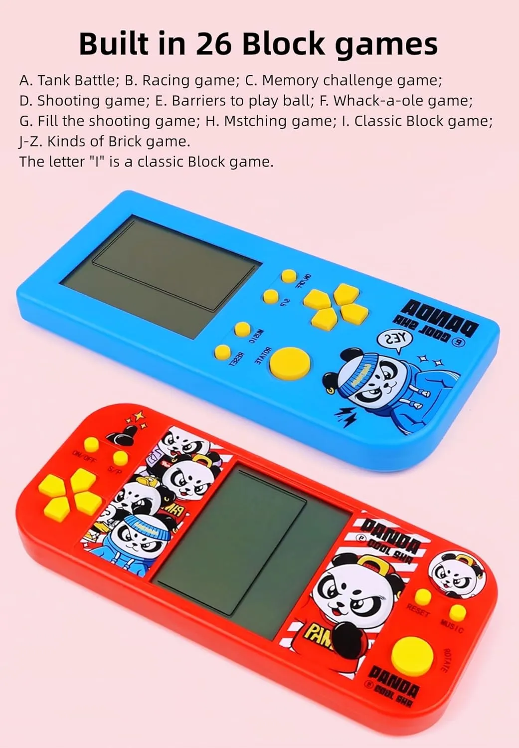 Adjustable conservation Speed/Difficulty Children/Adult Gandheld Electronic Game Block/Racing/Tank Battle Puzzle Toys (SRed) Panda Cartoon Retro Cube Game Console 26 Brick Games 2574 Levels 