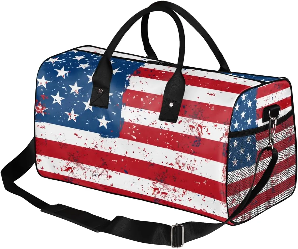 American Stripes Stars USA Flag Travel Duffle Bag for Women Men ID Foldable Waterproof Weekender Bag Carry on Tote for Overnight Sports Gym 