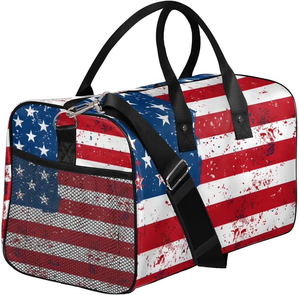 American Stripes Stars USA Flag Travel Duffle Bag for Women Men ID Foldable Waterproof Weekender Bag Carry on Tote for Overnight Sports Gym 