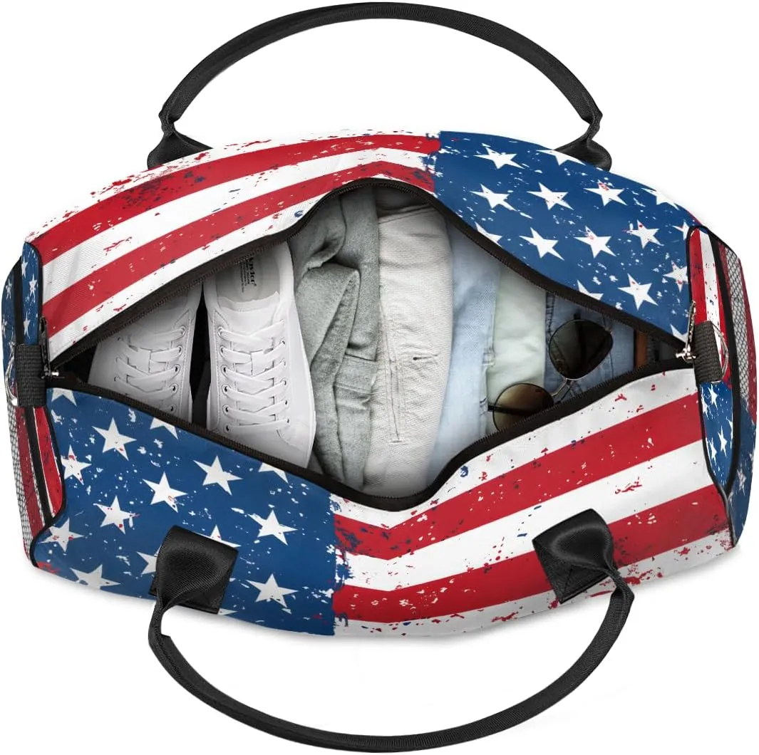 American Stripes Stars USA Flag Travel Duffle Bag for Women Men ID Foldable Waterproof Weekender Bag Carry on Tote for Overnight Sports Gym 
