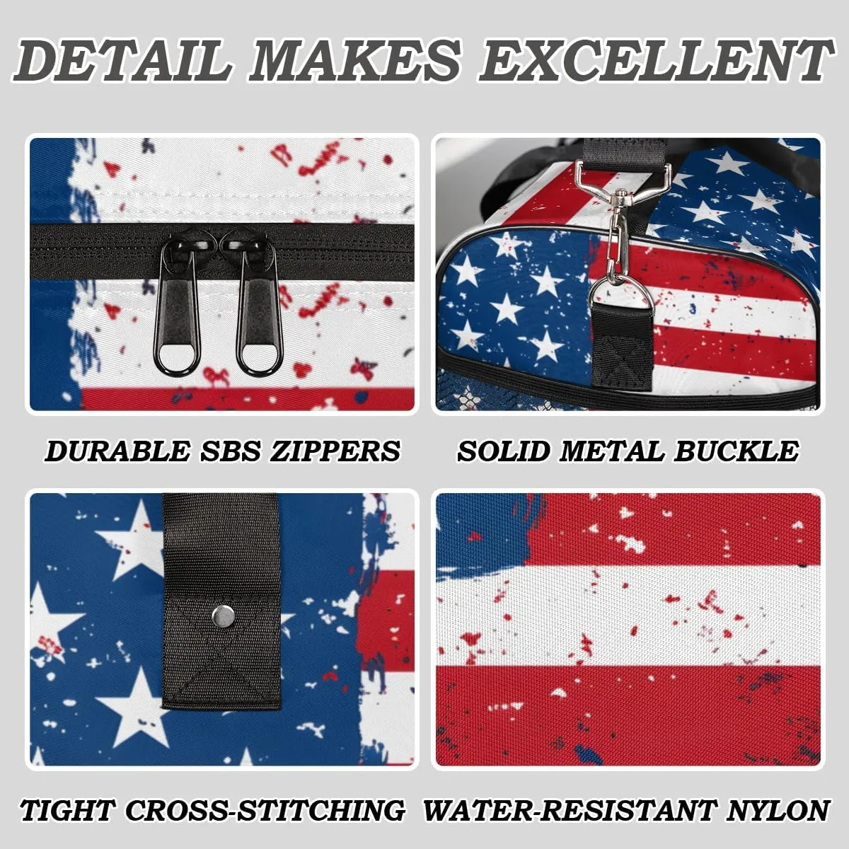 American Stripes Stars USA Flag Travel Duffle Bag for Women Men ID Foldable Waterproof Weekender Bag Carry on Tote for Overnight Sports Gym 
