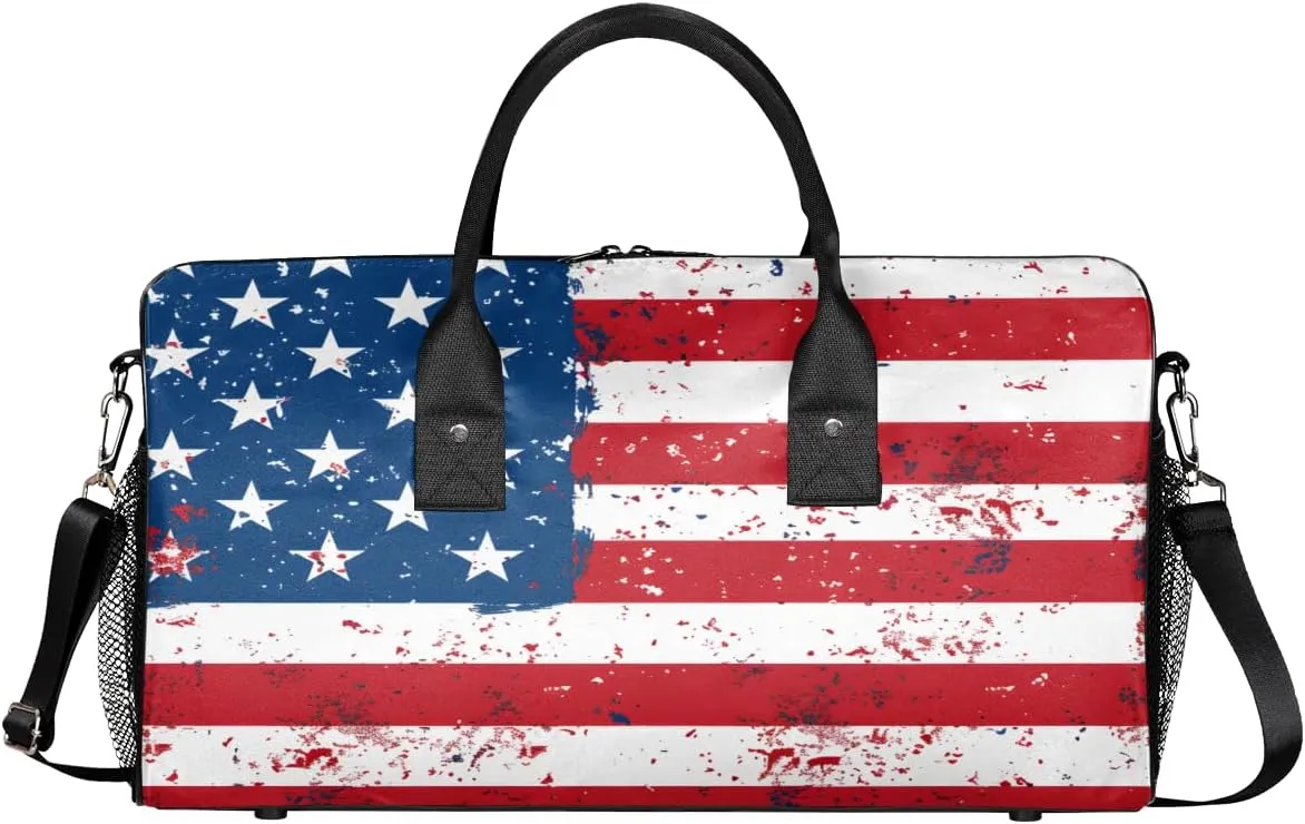 American Stripes Stars USA Flag Travel Duffle Bag for Women Men ID Foldable Waterproof Weekender Bag Carry on Tote for Overnight Sports Gym 