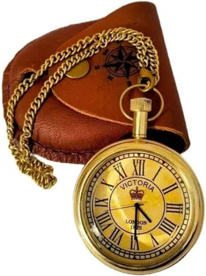 and Chain Vintage Style Compass Design Antique Brass Pocket Watch with internationally gibraltar chemistry signature tin Leather Case 