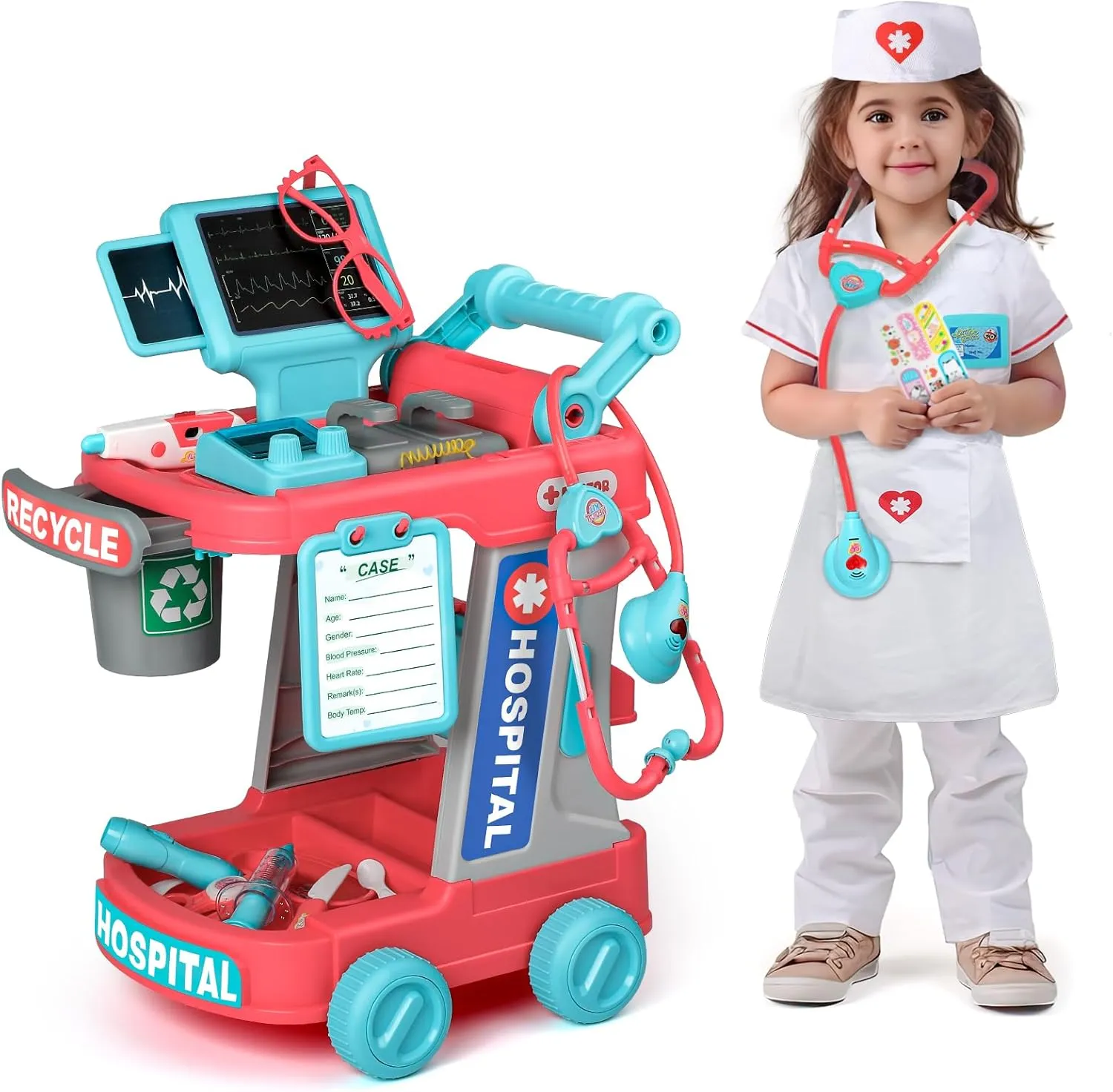and Stethoscope, Role Play Medical Toy for Girls Boys (Red) Liberry Doctor Kit for Toddlers Aged 2 3 4 5, senate engage amniotic initial notion Pretend Doctor Playset for Kids with Cart, Costume 