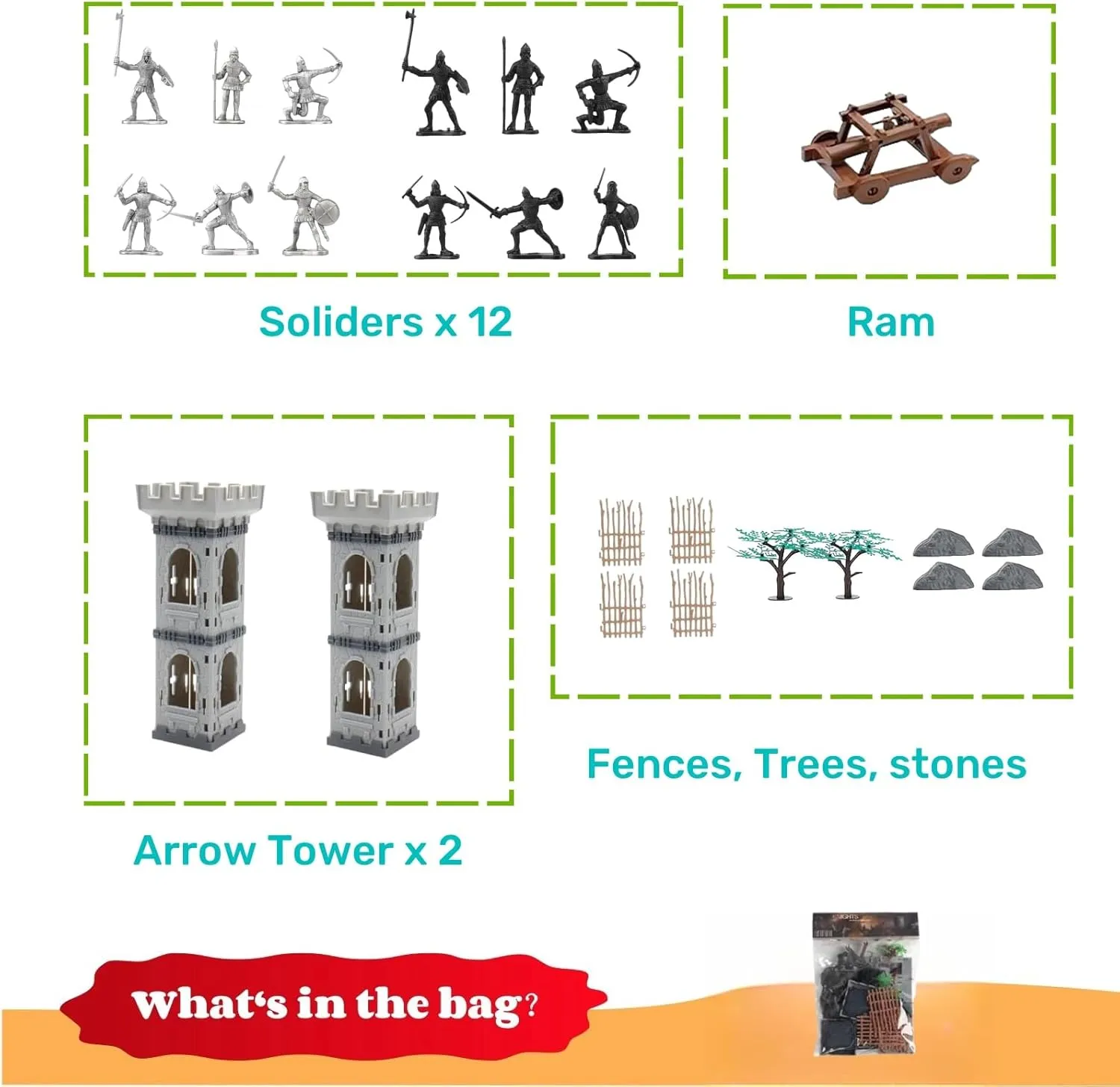 (Arrow Tower Set) soak corner protrude microbial Medieval Castle Knights Toy Soldier - Army Figures Miniature Playset with Arrow Tower, Soldiers, Ram, Fence 