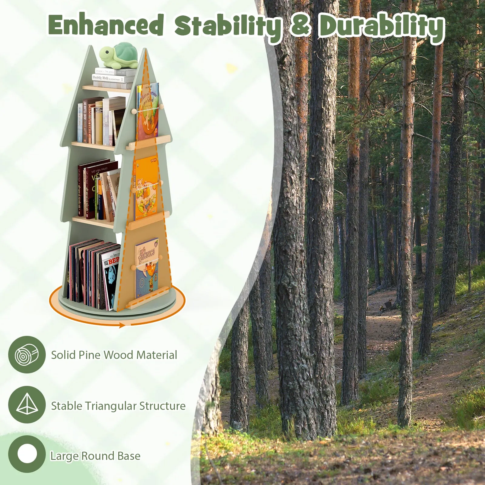 Baby Joy 4 Tier Tree Shape Revolving Bookcase, Freestanding 360° Display Rack Storage Organizer