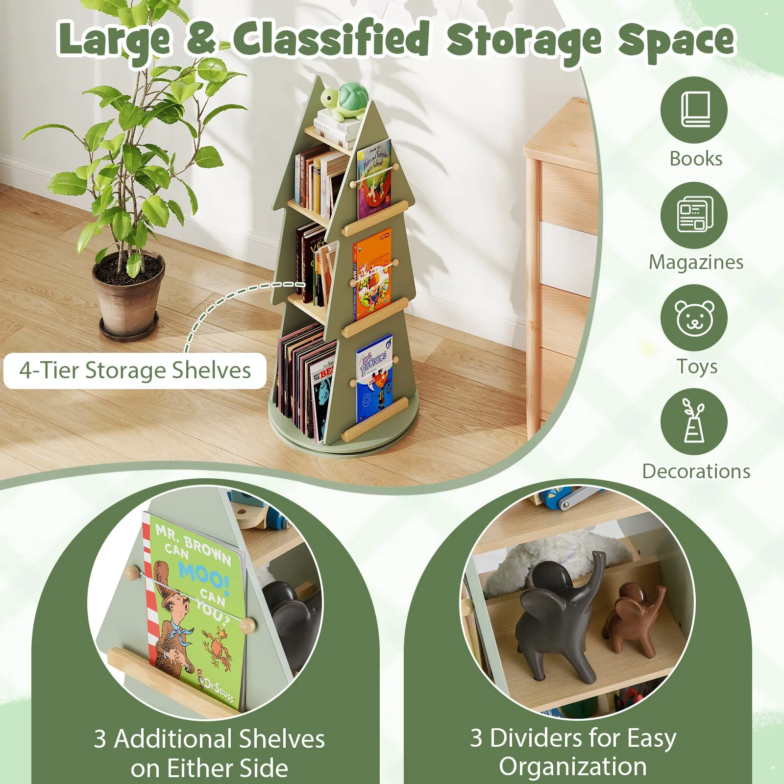 Baby Joy 4 Tier Tree Shape Revolving Bookcase, Freestanding 360° Display Rack Storage Organizer