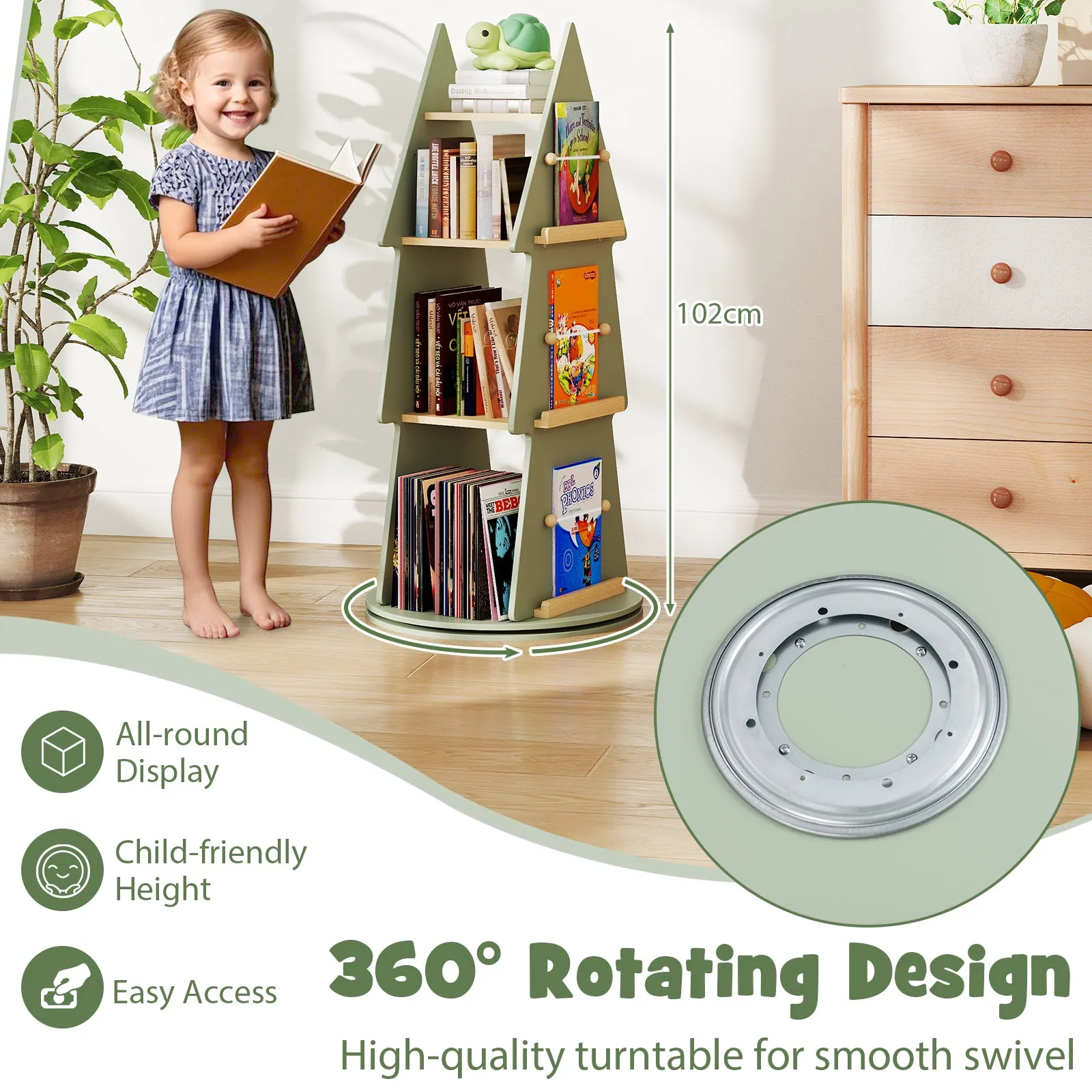 Baby Joy 4 Tier Tree Shape Revolving Bookcase, Freestanding 360° Display Rack Storage Organizer