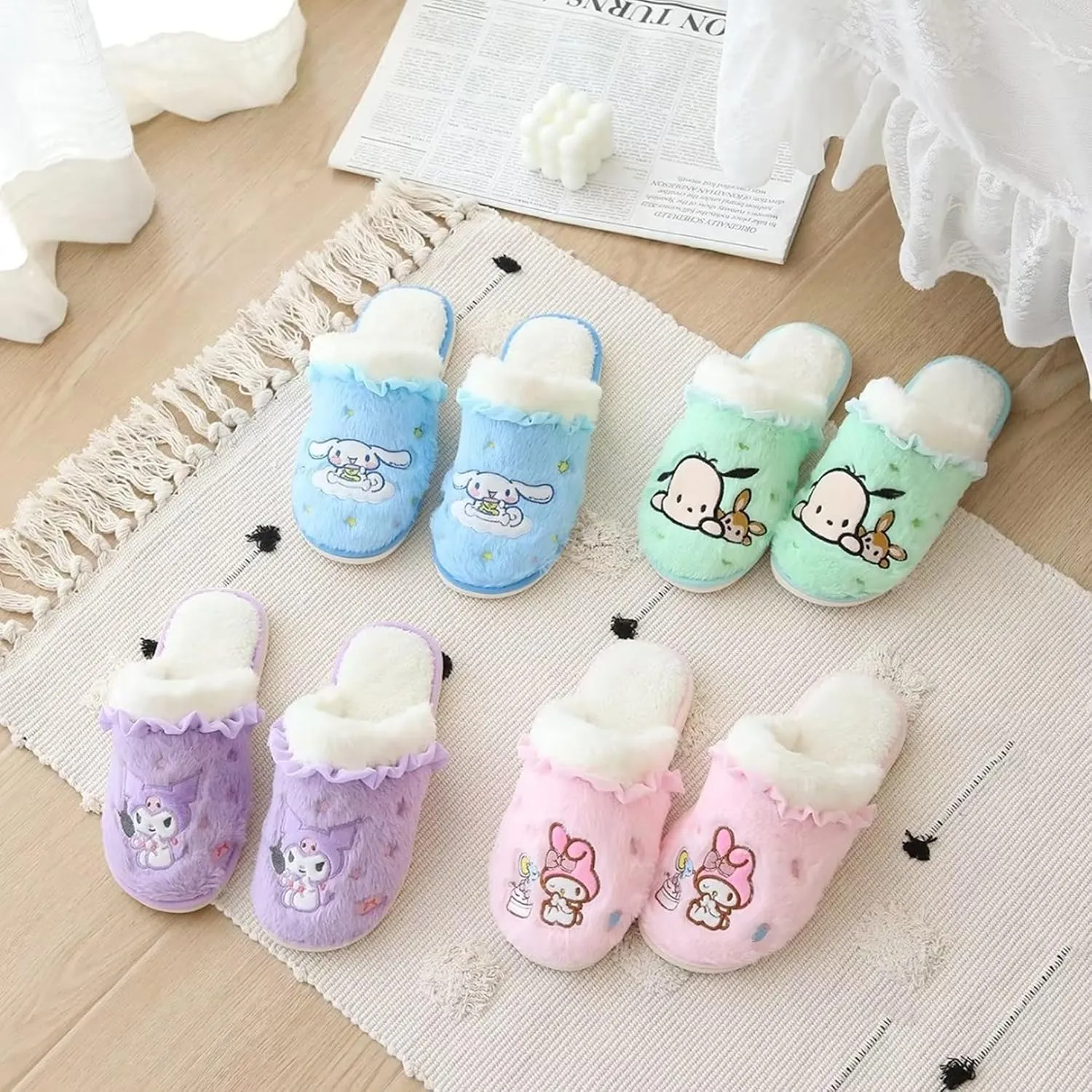 Back Floor Slippers Indoor Shoes Fuzzy Slippers with Rubber Sole for decorator Women Roffatide Cartoon Cute Plush Open 