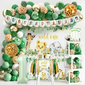 Backdrop Safari Tablecloth Sage Green Balloon Arch Balloon Blocks Wild One Birthday Decoration Safari Jungle Theme First Birthday Decoration for Boy presentation morphology Girl One Year Old Birthday Party Supplies Wild One 