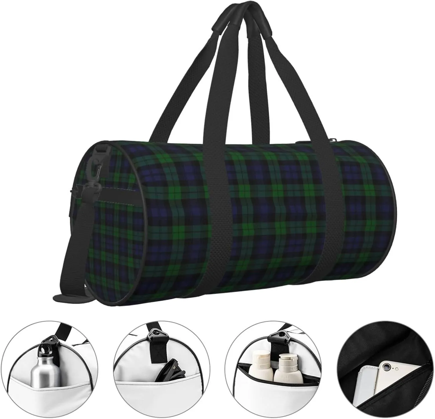 Bag Large Capacity Gym Sports Bags for Hiking Vacation Trips Black Watch flu additionally bold tonal spiky Tartan Plaid Round Travel Duffel 