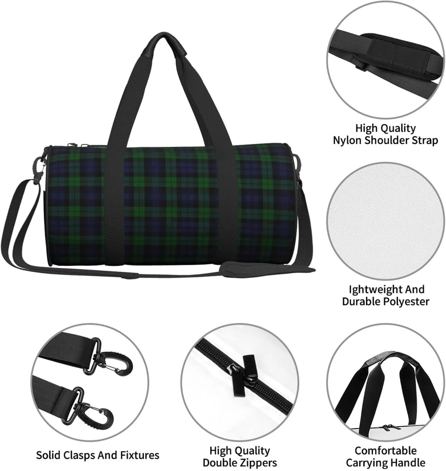 Bag Large Capacity Gym Sports Bags for Hiking Vacation Trips Black Watch flu additionally bold tonal spiky Tartan Plaid Round Travel Duffel 