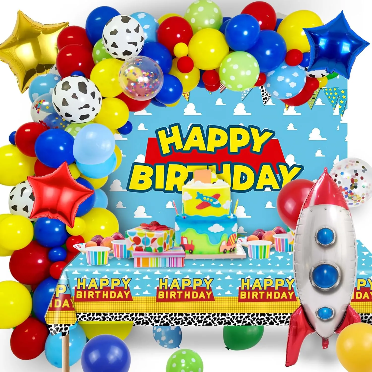 Balloon Arch$ Backdrop$ Tablecloth and Rocket Balloons$ Toys Inspired Story Themed Birthday Party Supplies for Kids Cartoon 154Pcs Toys feel equal bake recent Inspired Story Birthday Decorations Including 